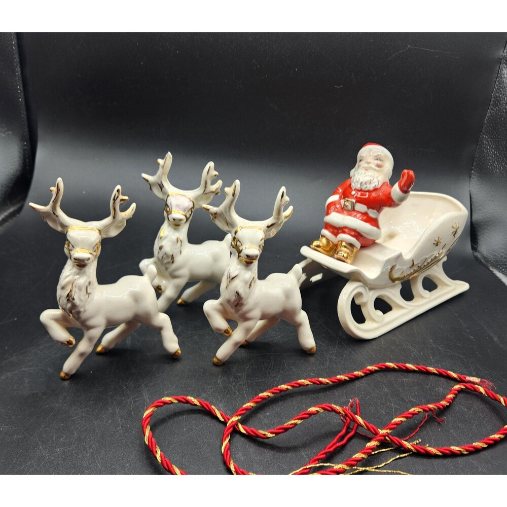1960 Vintage Holland Mold Ceramic Santa Sleigh & 3 Reindeer Christmas Decoration
